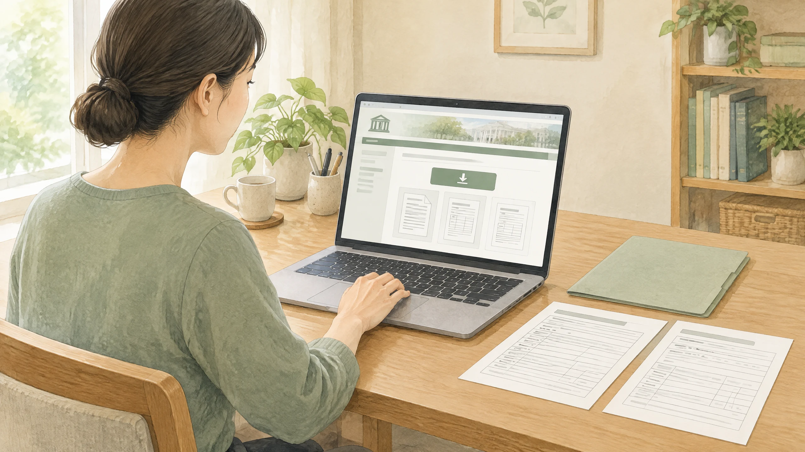裁判所の公式サイトから申立書と必要書類をダウンロードする保護者の水彩イラスト