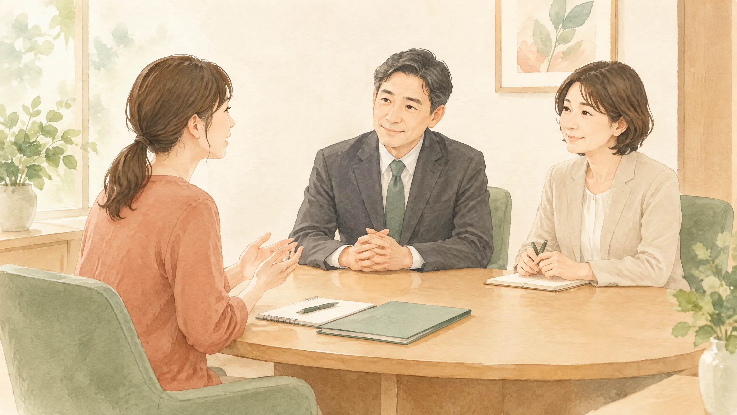 調停委員へ養育費の希望する条件を伝える調停期日の水彩イラスト