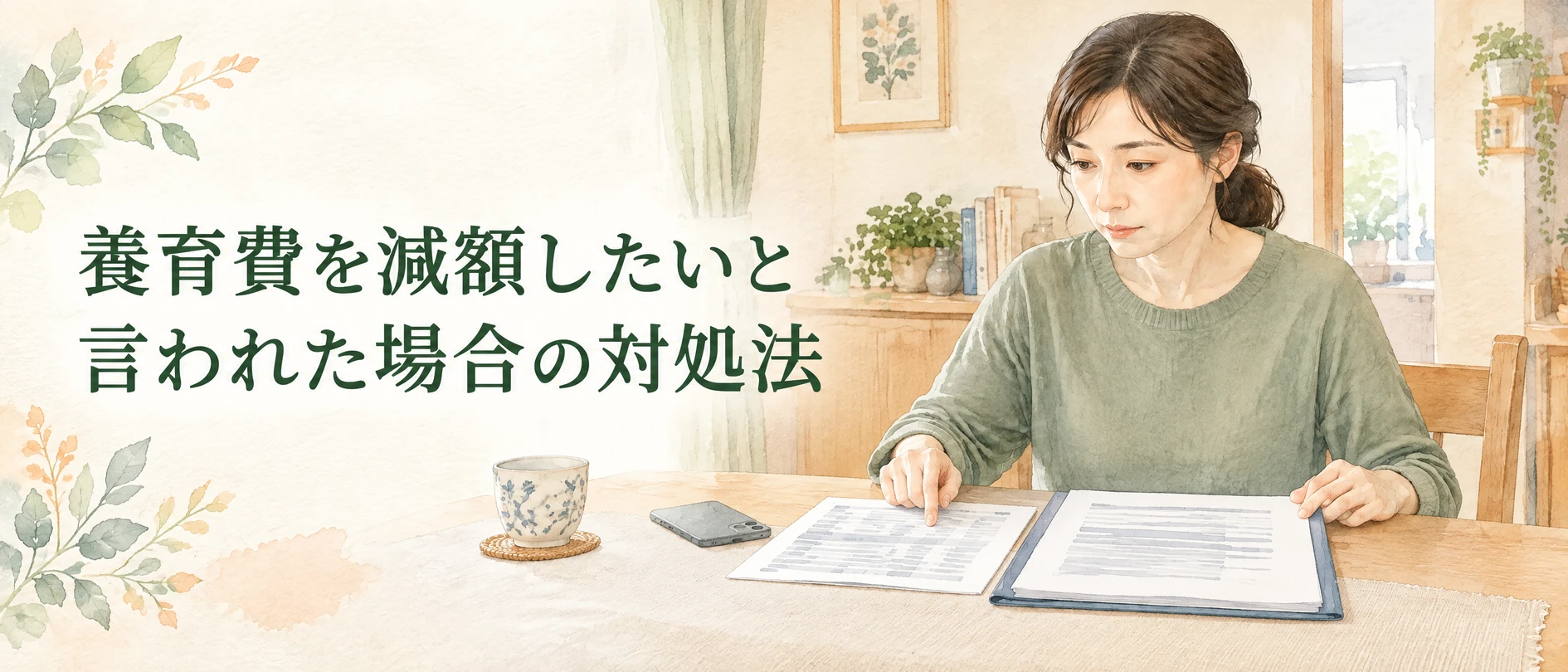 養育費を減額したいと言われた場合の対処法の文字と、取り決め・振込記録を確認する母親の水彩イラスト