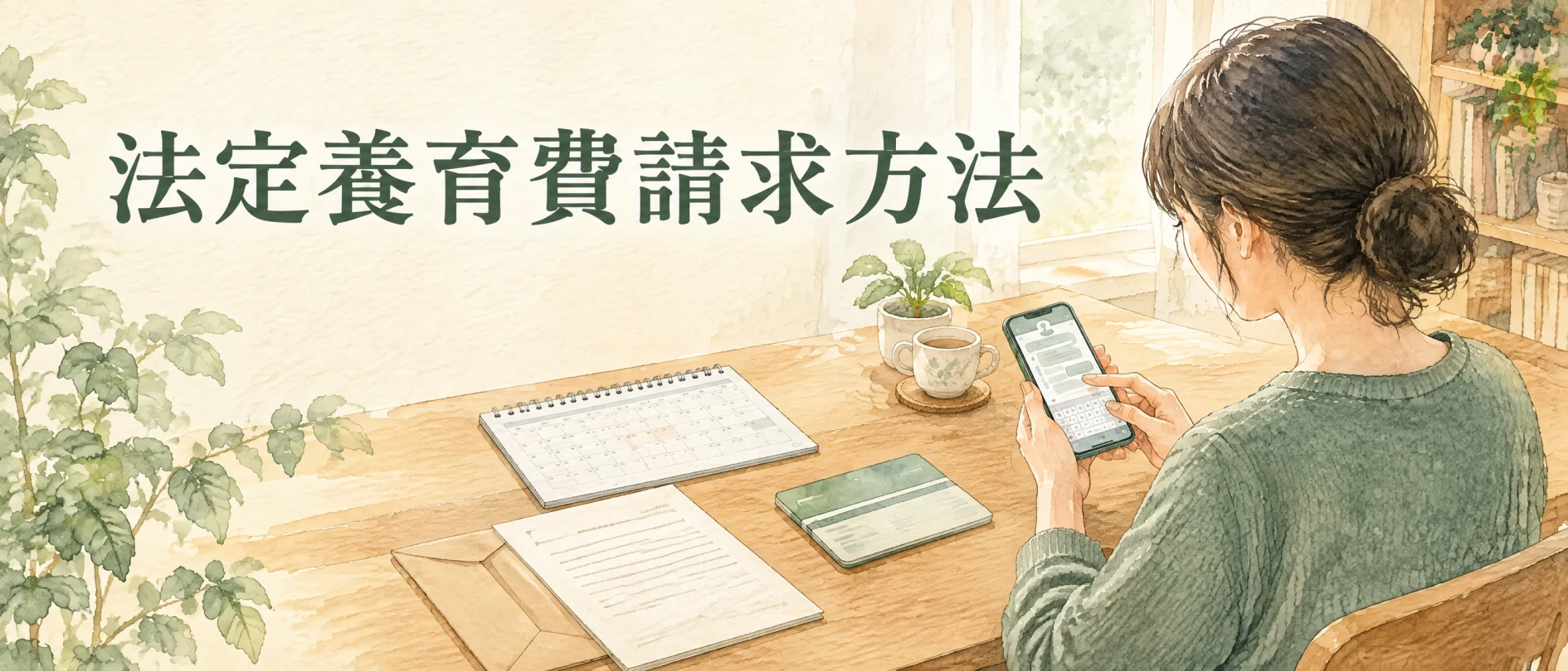 法定養育費請求方法の文字と、スマートフォン・請求書・封筒・カレンダーを前に相手へ連絡する母親の水彩イラスト