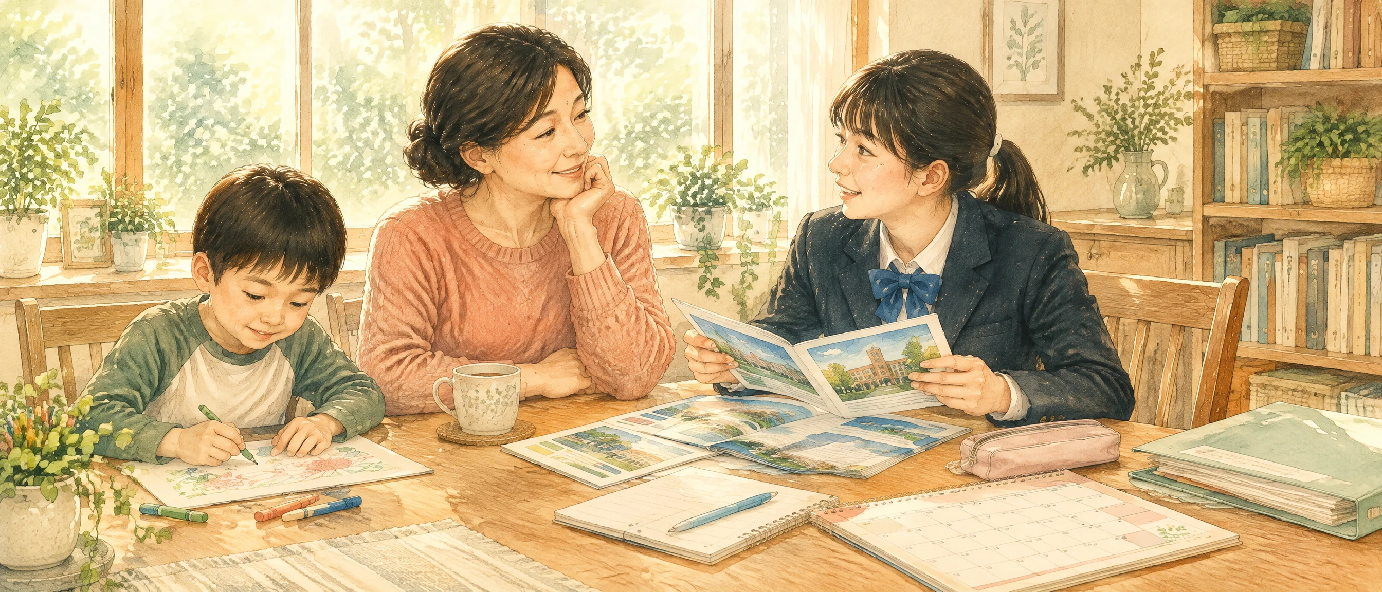 子どもの成長と進学を見据え、母親と二人の子どもが自宅で進路資料を見ながら将来を考える水彩イラスト