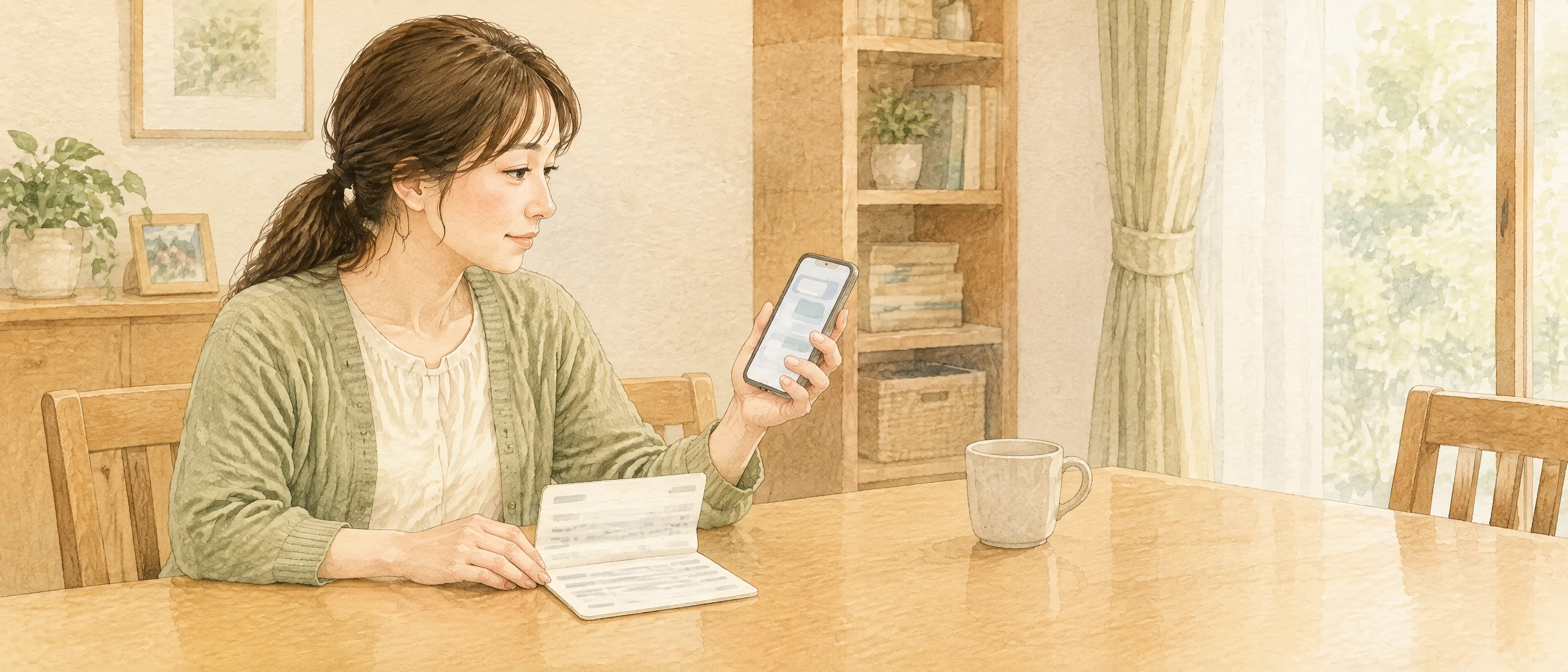 未払い養育費に関するメッセージと通帳の記録を確認する母親の水彩イラスト