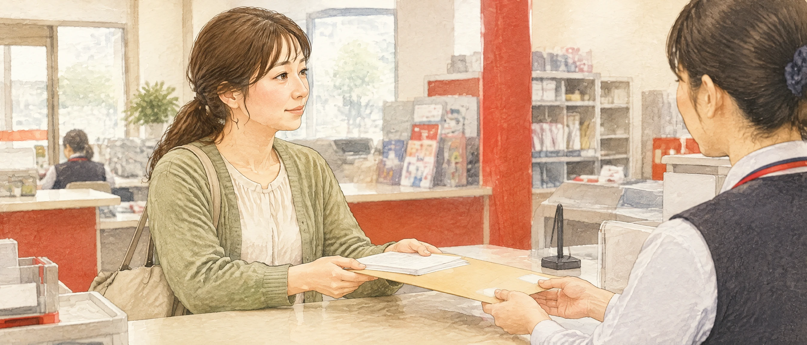 郵便局の窓口で未払い養育費の内容証明郵便を差し出す母親の水彩イラスト