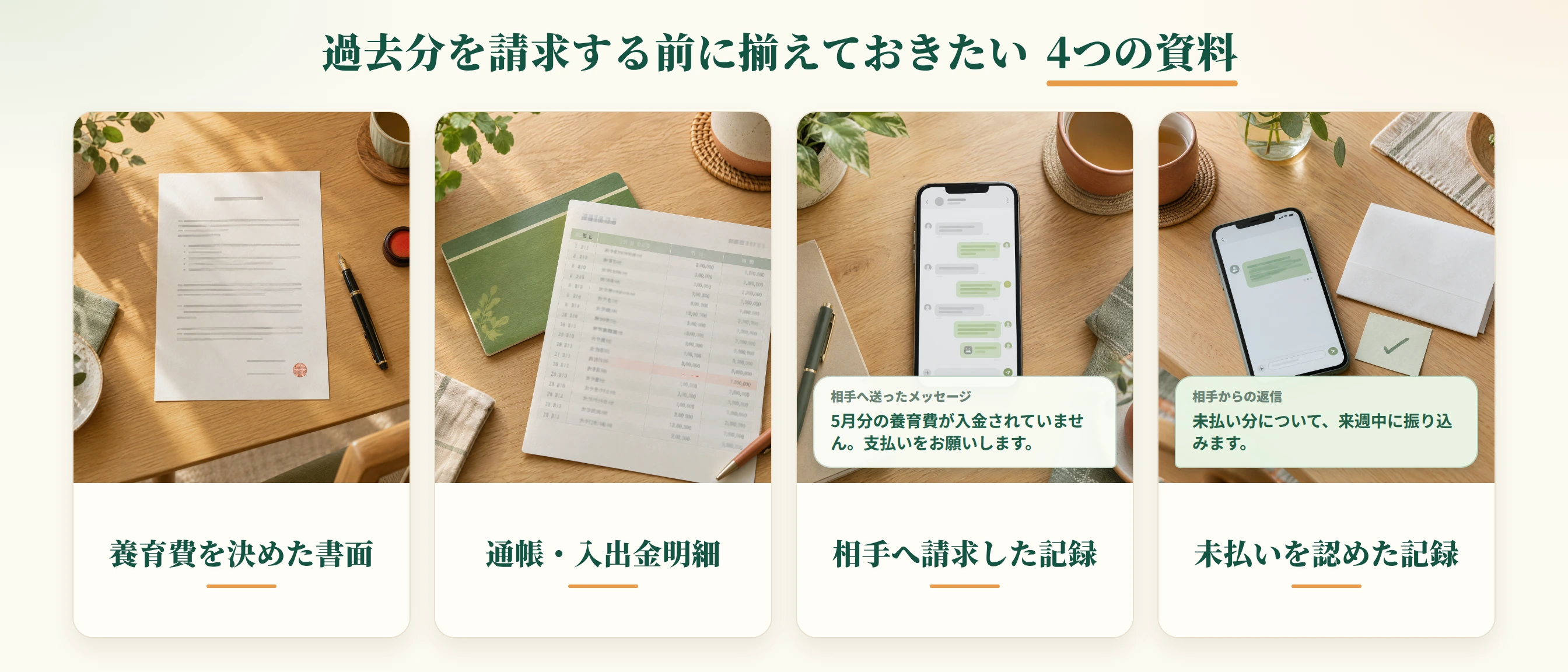 過去分を請求する前に揃えておきたい、養育費を決めた書面、通帳・入出金明細、相手へ請求した記録、未払いを認めた記録の4つを示した図解