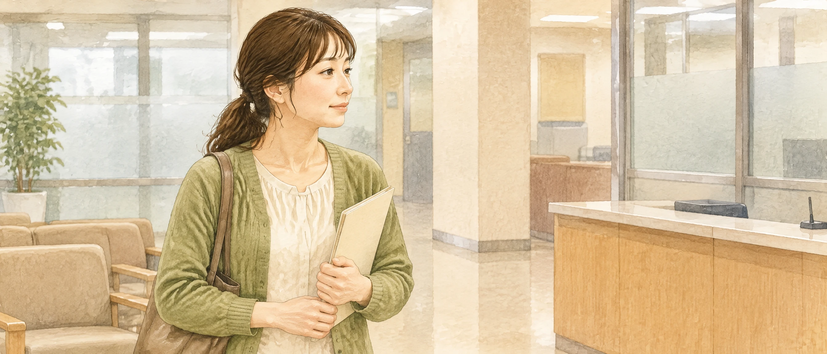 養育費請求調停に向けて家庭裁判所の待合で書類を持つ母親の水彩イラスト