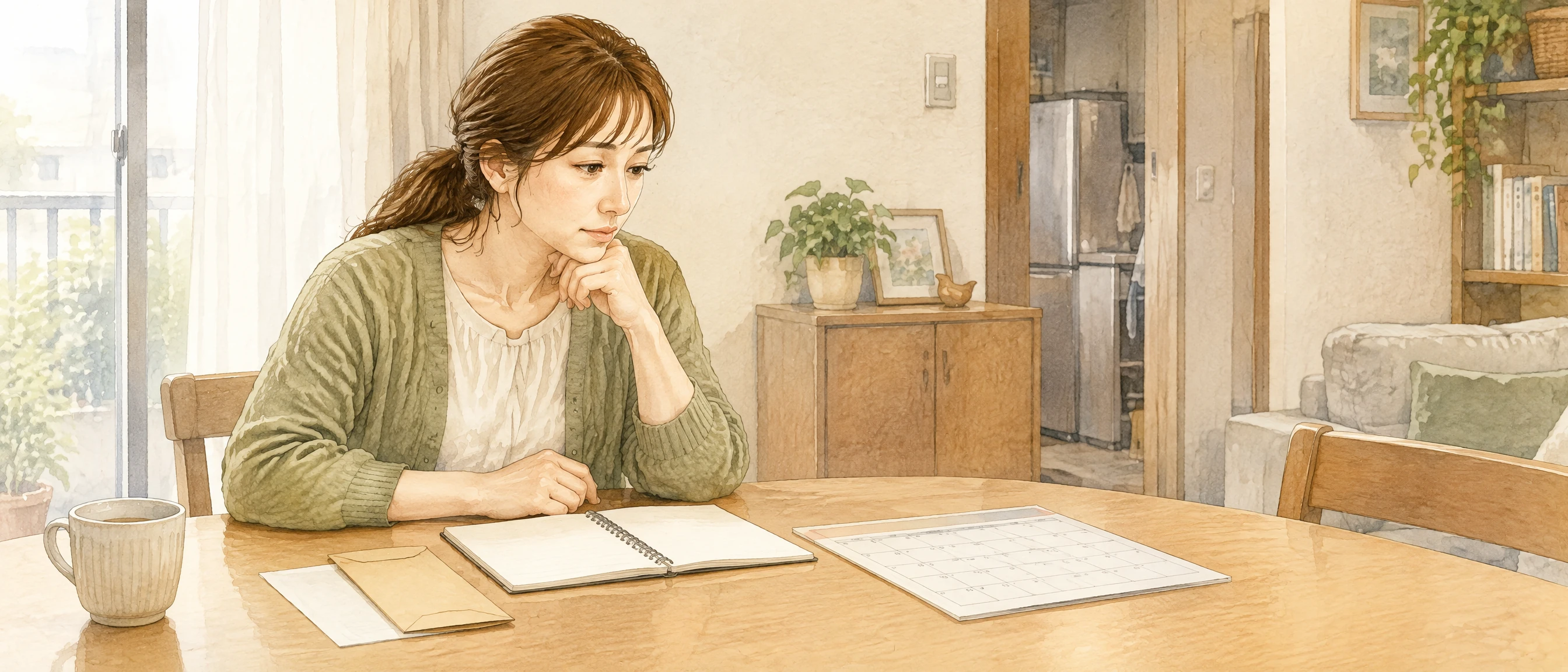 養育費を取り決めないまま離婚した後、これからの請求について考える母親の水彩イラスト