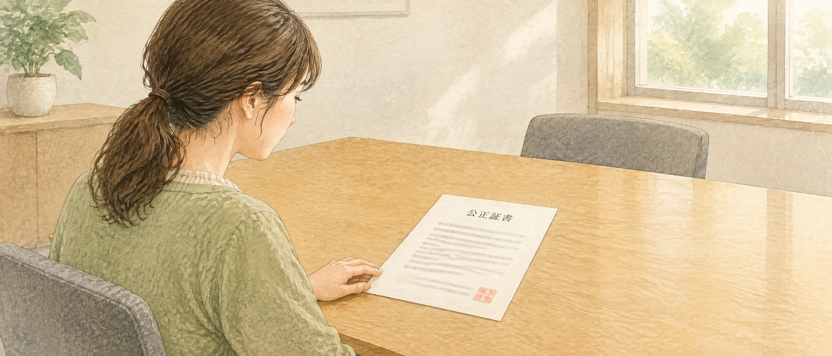 テーブルの上の「公正証書」と書かれた書面を読む母親の水彩イラスト