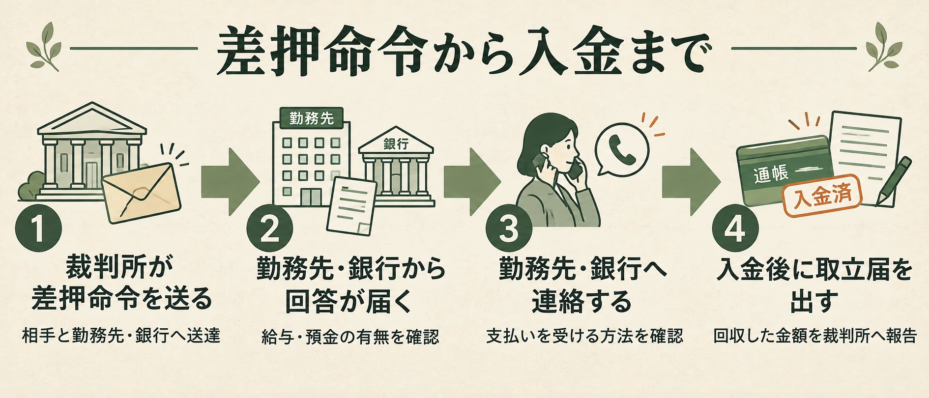 差押命令の送達、勤務先や銀行からの回答、支払いの受け取り、取立届の提出までの4段階を示した図解