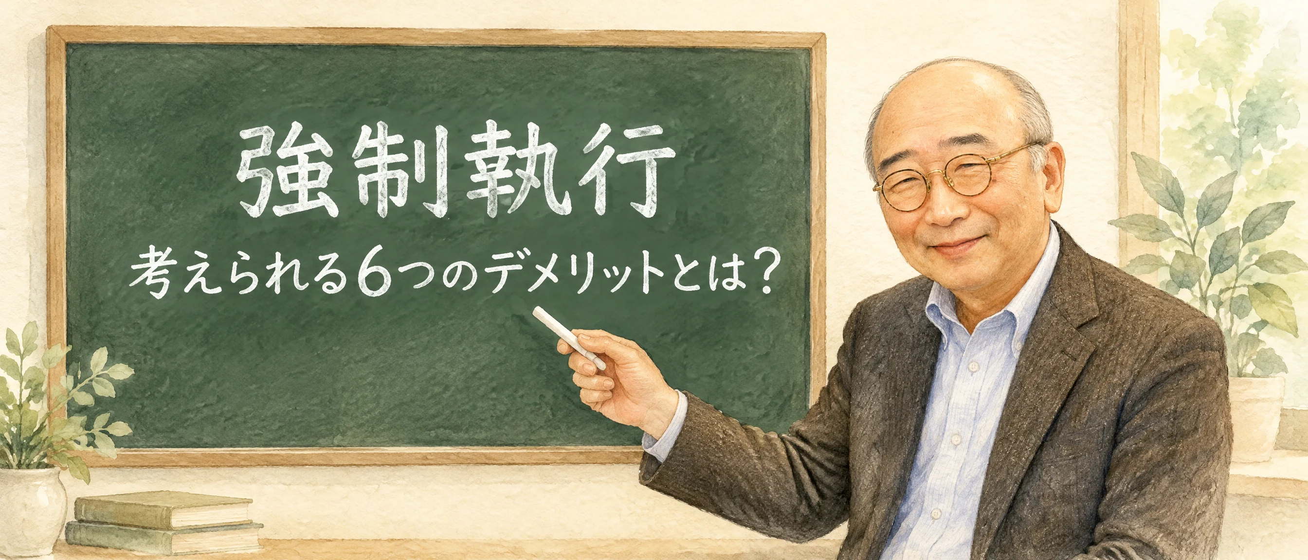 木村和弘弁護士が黒板で強制執行で考えられる6つのデメリットを説明する水彩イラスト