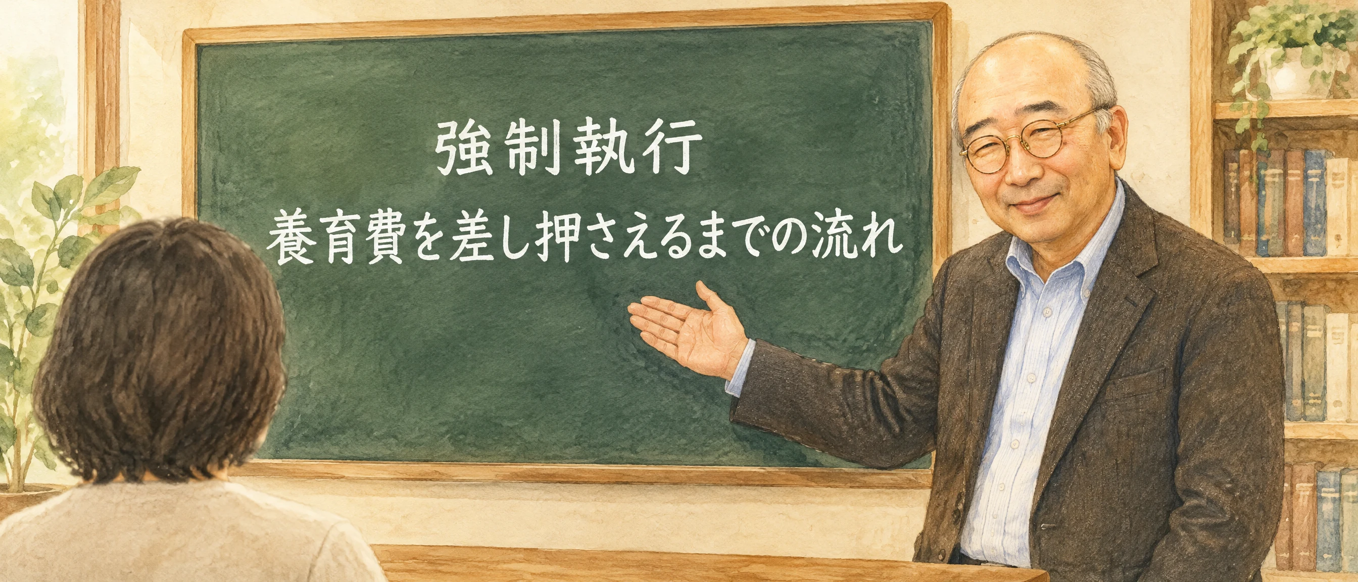 木村和弘弁護士が黒板で強制執行による養育費差押えまでの流れを説明する水彩イラスト