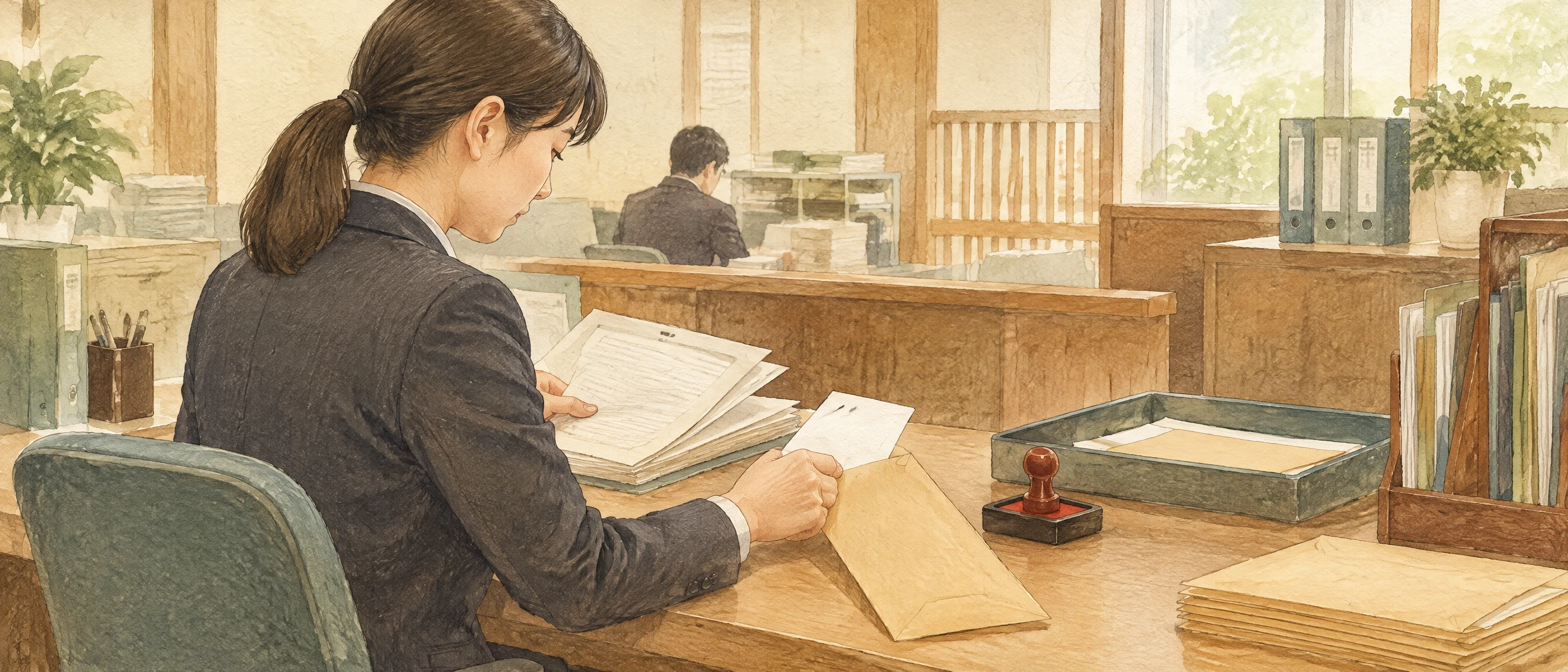 裁判所の職員が申立書類を確認し、差押命令の送付を進める様子の水彩イラスト
