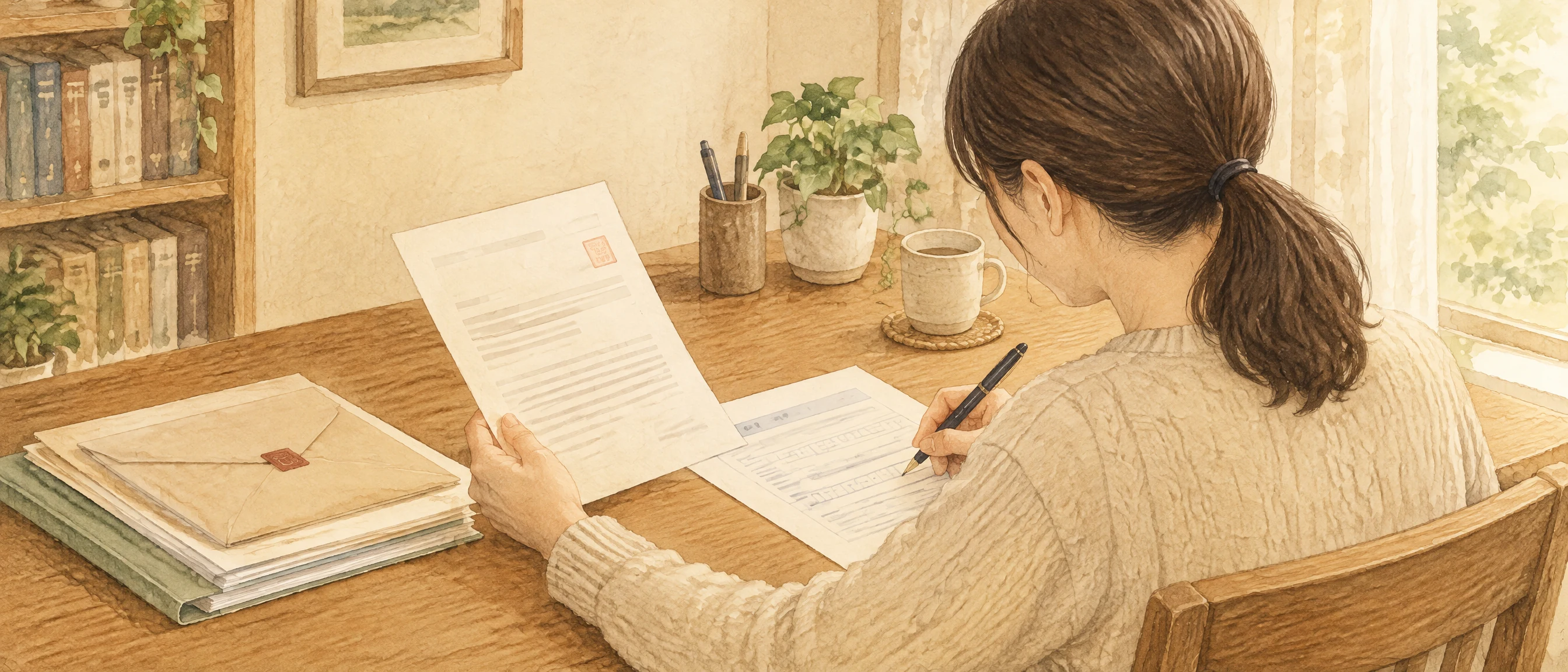 送達通知書を確認し、差押えた養育費の支払いを求める準備をする様子の水彩イラスト