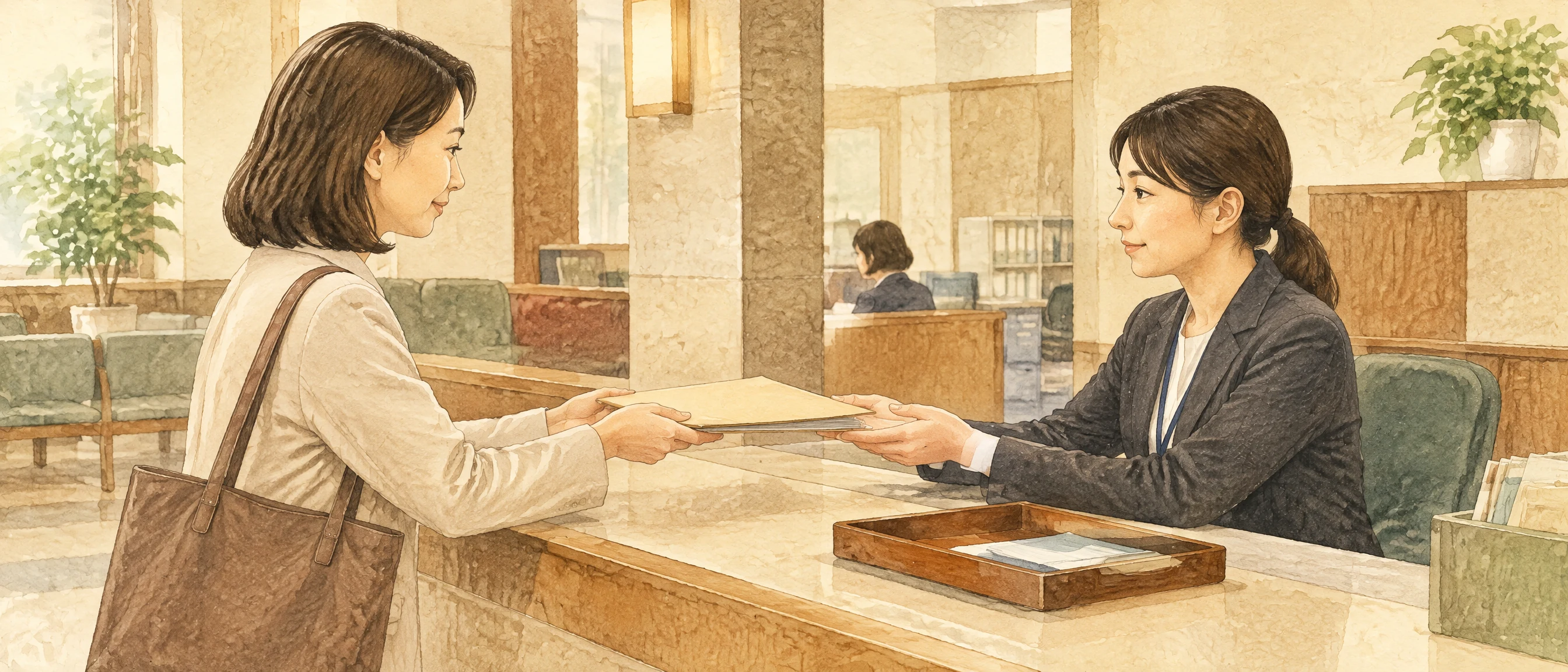 養育費を回収した後に、裁判所の窓口へ届出書類を提出する様子の水彩イラスト
