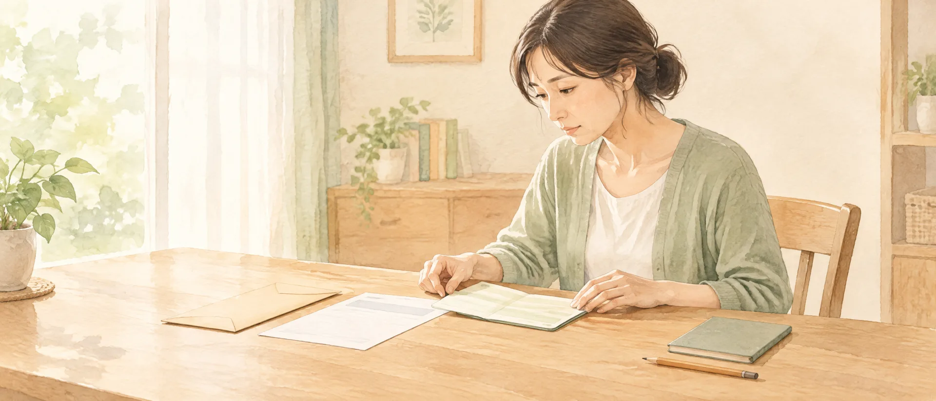 通帳と勤務先に関する書類を前に回収方法を考えるお母さんの水彩イラスト
