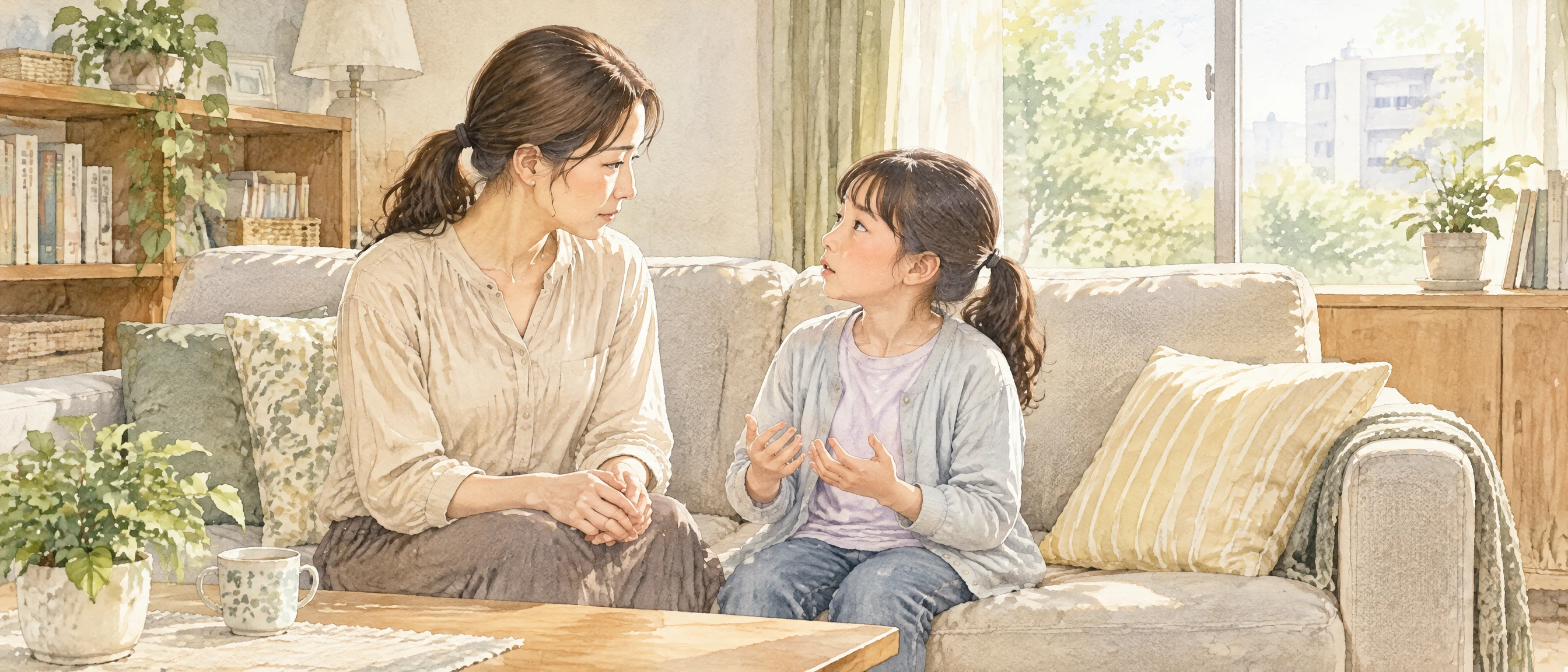 自宅のリビングで父親との面会について娘の話を聞く母親の水彩イラスト