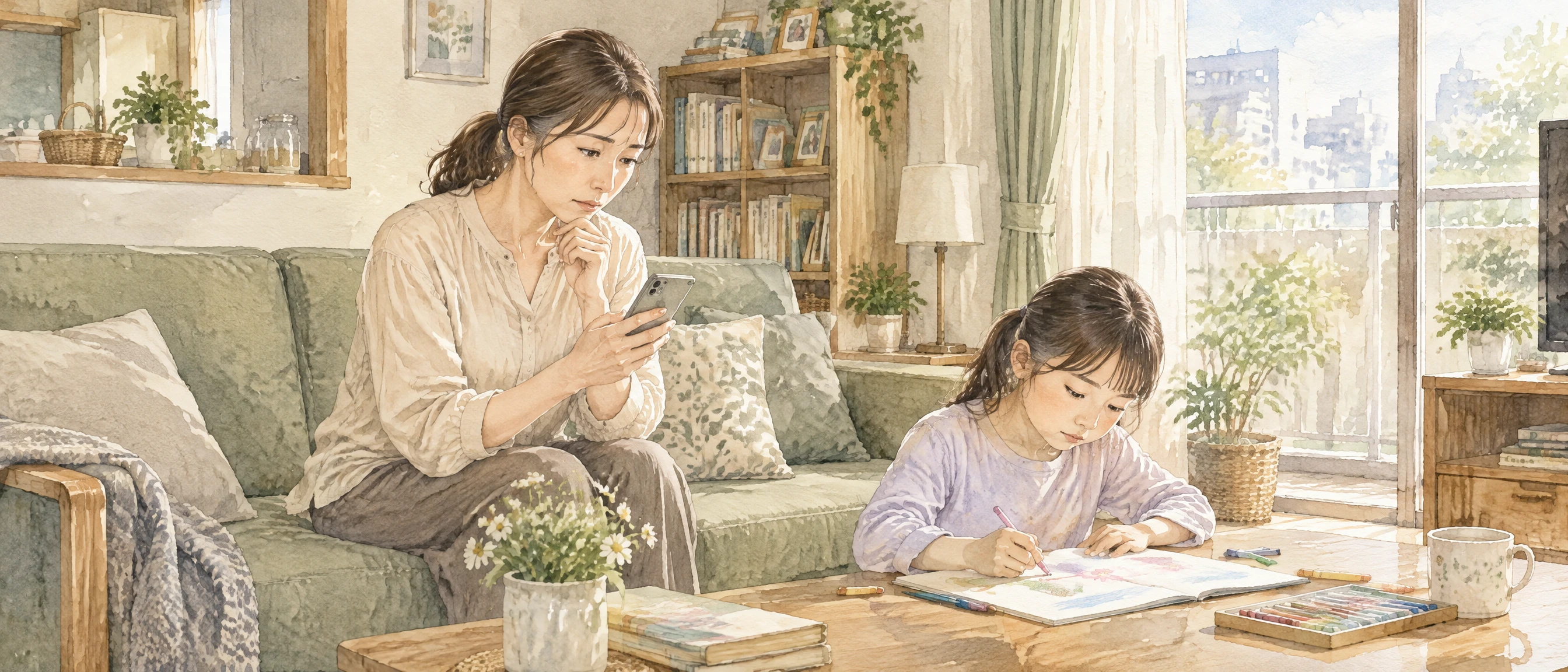 自宅のリビングで娘のそばに座り、スマートフォンのメッセージを見る母親の水彩イラスト