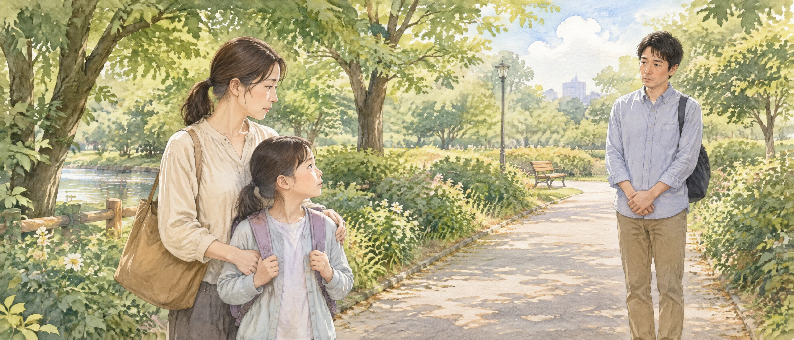 公園で、母親と子どもが父親と距離を保って向き合う水彩イラスト
