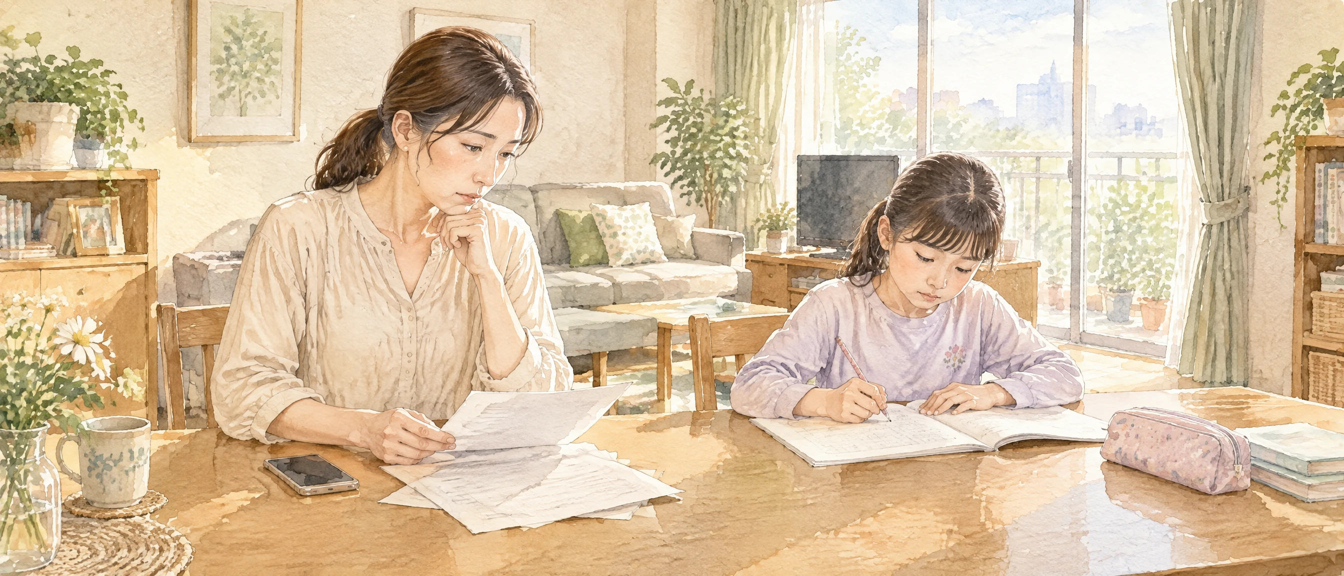自宅のダイニングで娘が宿題をするそばで書類を見る母親の水彩イラスト