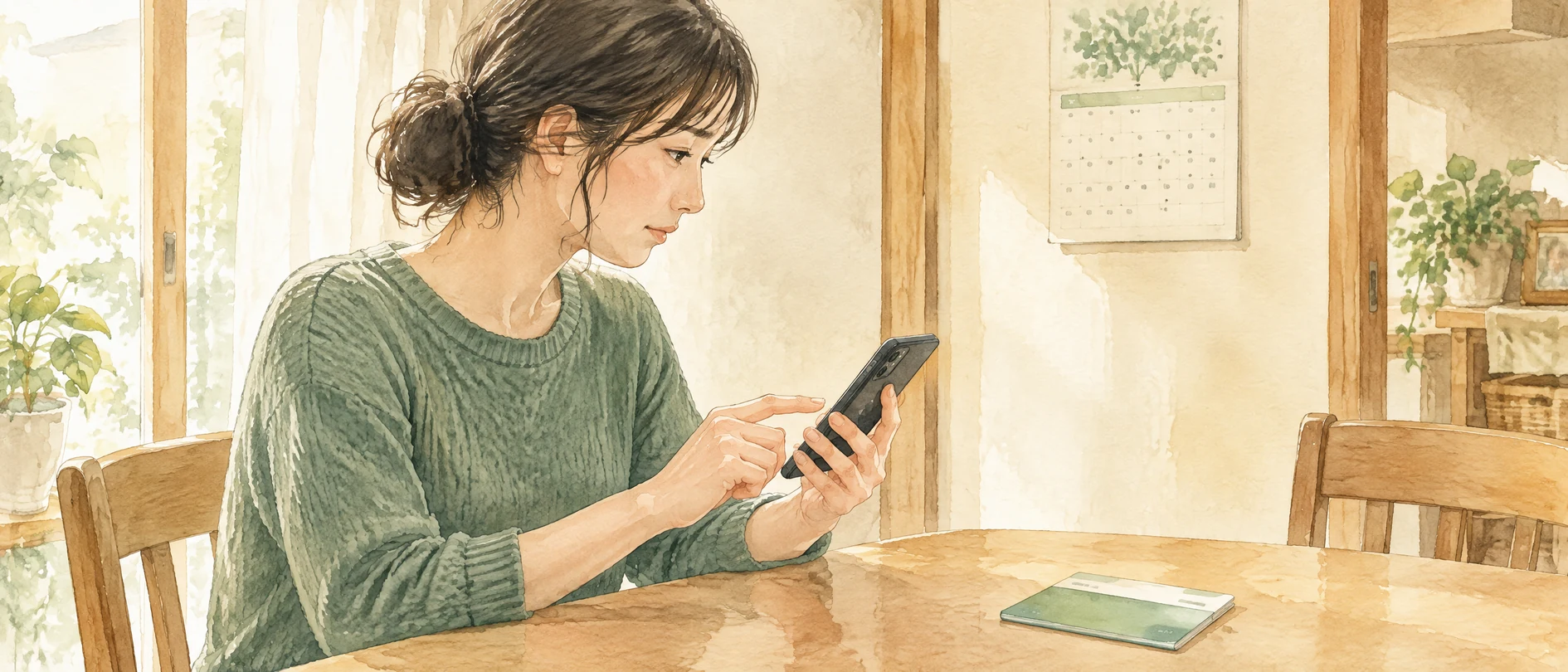 自宅でスマートフォンから養育費の支払いについて相手へ連絡する母親の水彩イラスト