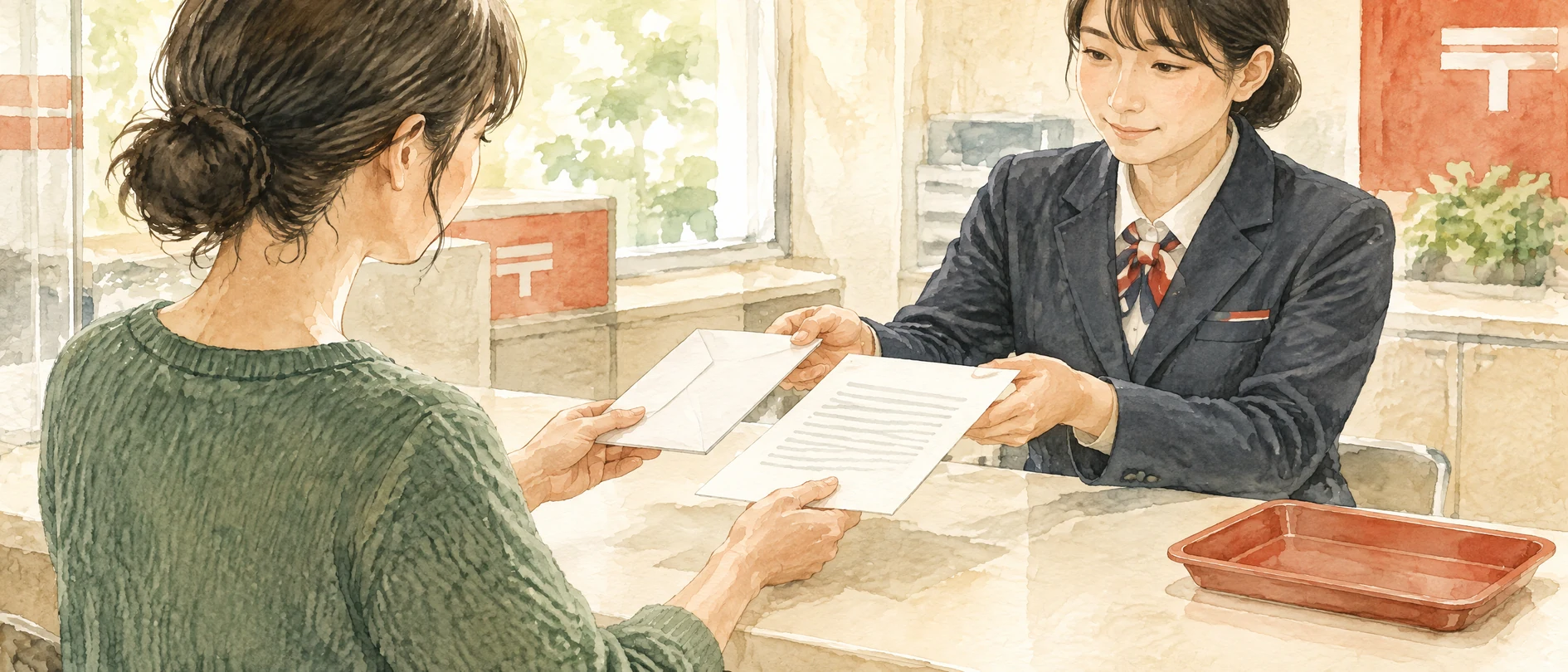 郵便局の窓口で養育費の請求書面と封筒を職員へ渡す母親の水彩イラスト