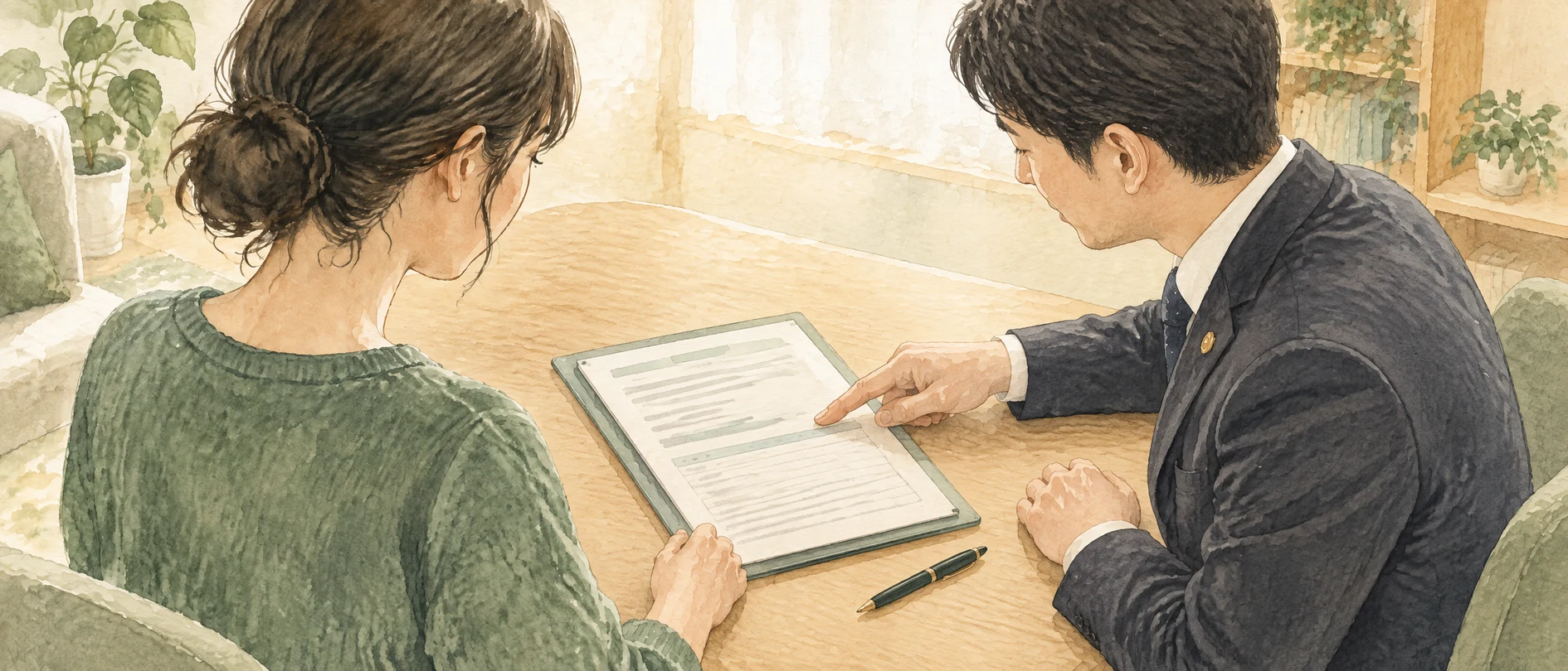 法律事務所で手元の養育費に関する書面を弁護士と確認する母親の水彩イラスト