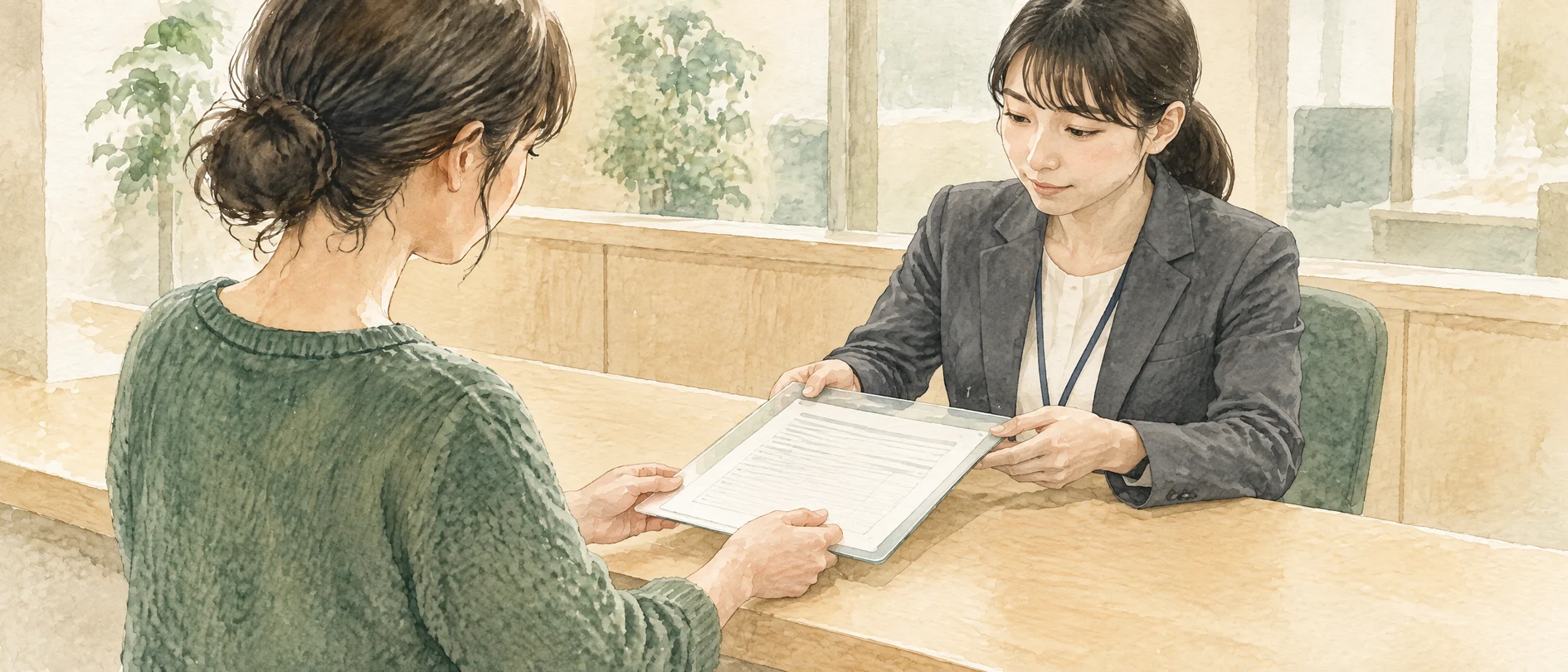 家庭裁判所の受付で養育費請求調停の申立書を職員へ渡す母親の水彩イラスト