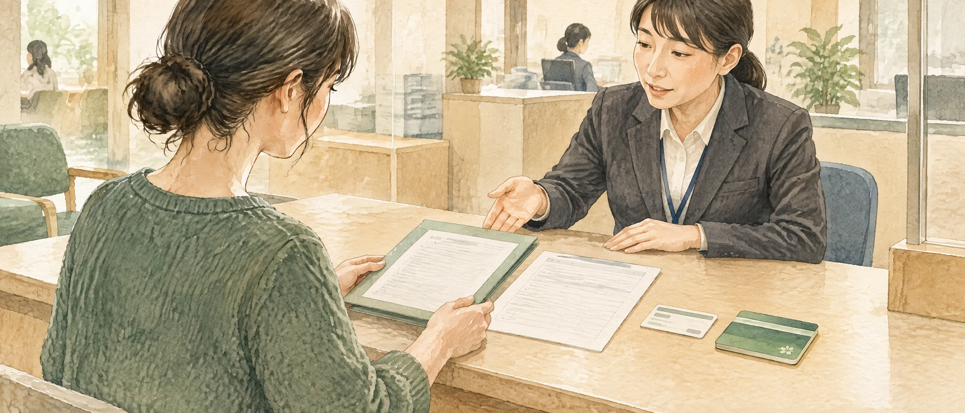 地方裁判所の窓口で給与または銀行口座の差押え申立てについて説明を受ける母親の水彩イラスト