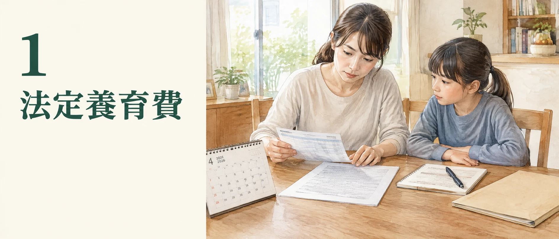 法定養育費の請求準備として、母親が子どもと自宅で2026年4月のカレンダー、入出金記録、案内資料を確認する場面