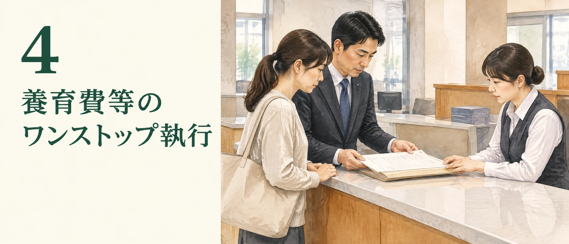 養育費等のワンストップ執行について、母親と弁護士が地方裁判所の窓口へ一式の申立書類を提出する場面