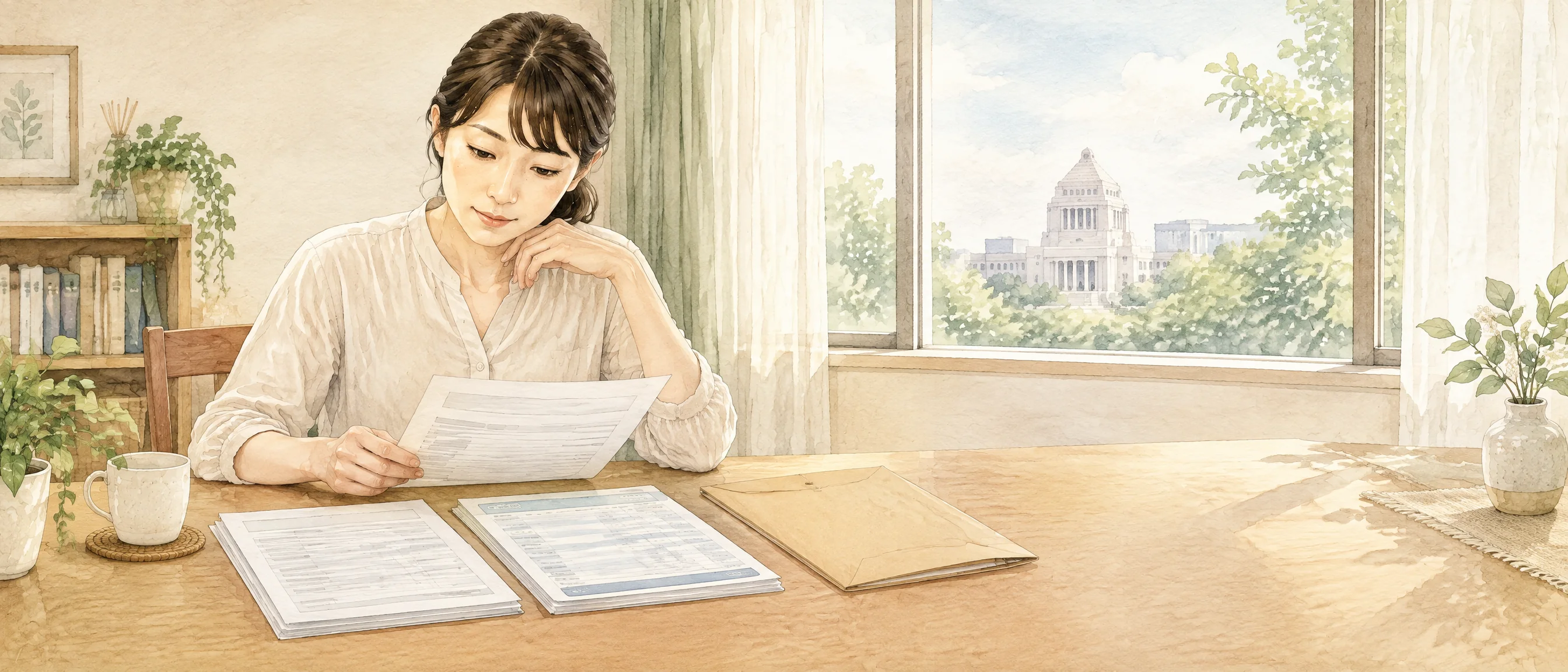 自宅で養育費に関する書面と未払いの記録を確認し、ワンストップ執行を利用できるか考える保護者の水彩イラスト