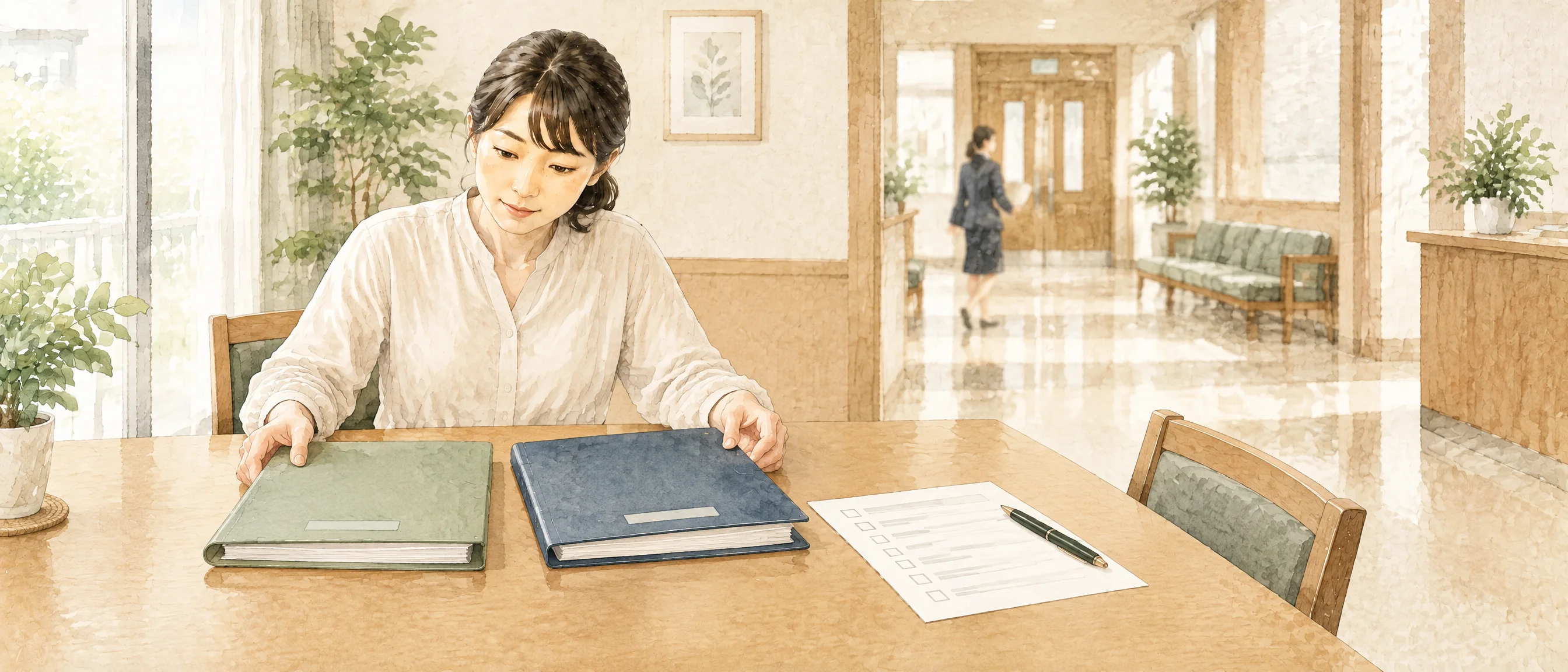 地方裁判所の待合付近で二つの書類ファイルとチェックリストを見比べ、手続を選ぶ保護者の水彩イラスト