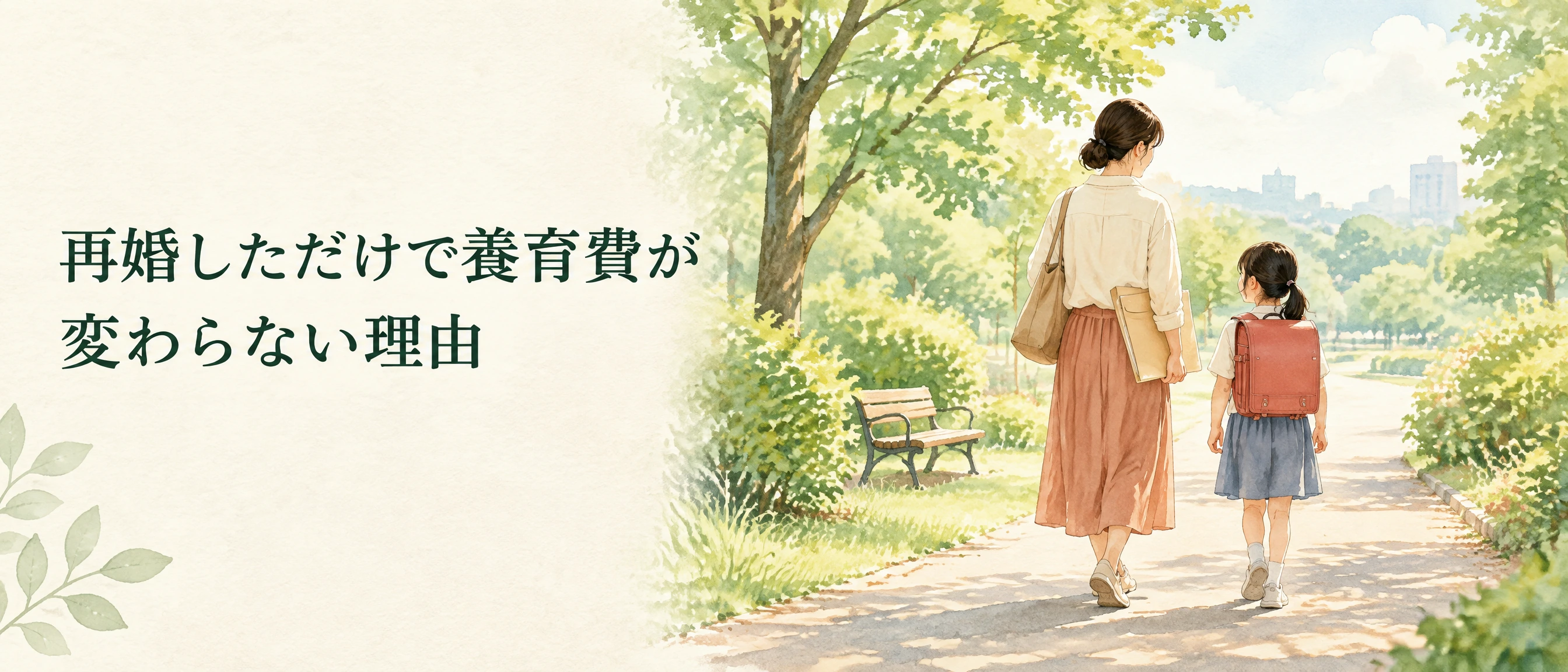 再婚しただけで養育費が変わらない理由の文字と、公園を歩く母親と子どもの水彩イラスト