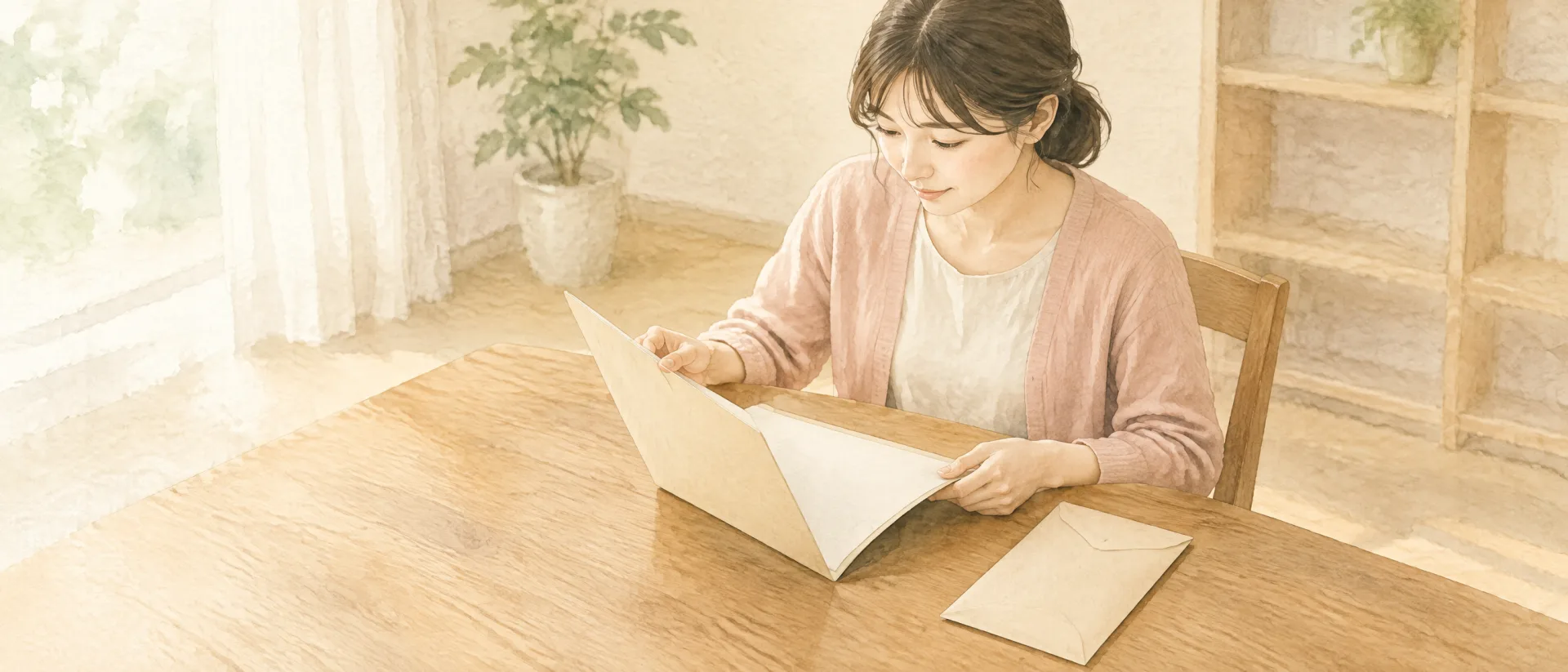 自宅で封筒と書面ファイルを確認する養育費を受け取る女性の水彩イラスト