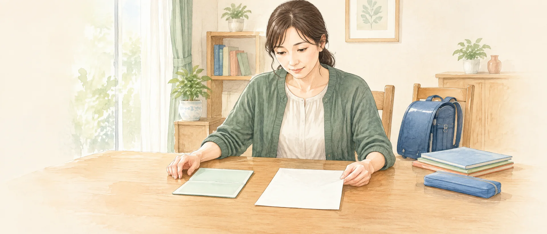 平置きの合意書面と通帳を見ながら養育費の回収を考えるお母さんの水彩イラスト