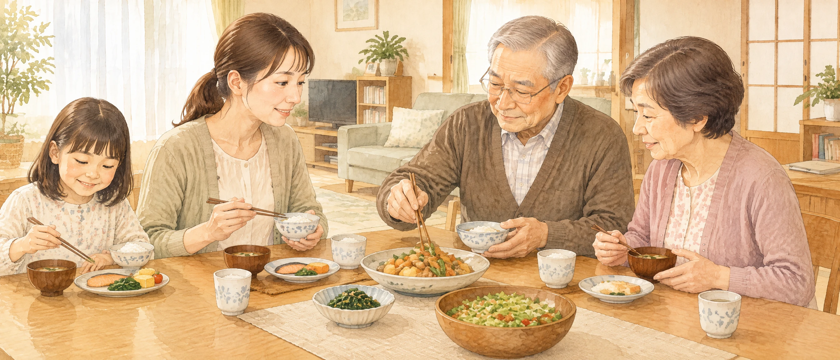 母親・子ども・祖父母が自宅で食事を囲む水彩イラスト