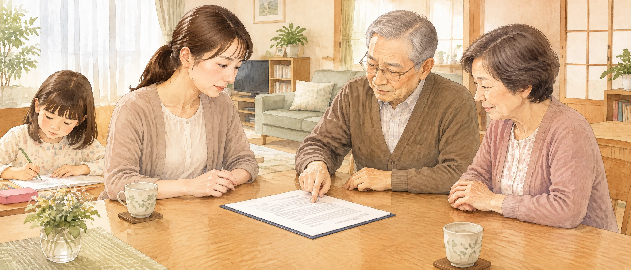 母親と祖父母が自宅のダイニングで養育費に関する合意書を確認する水彩イラスト