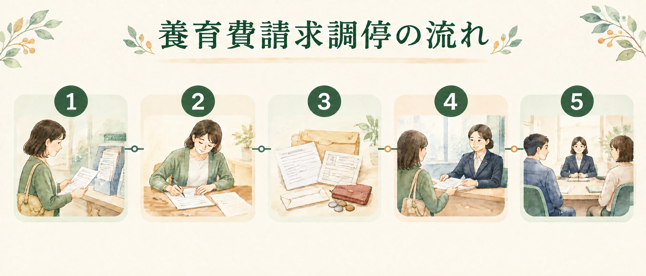 養育費請求調停の5つの流れを、1から5の番号とともに示すイラスト